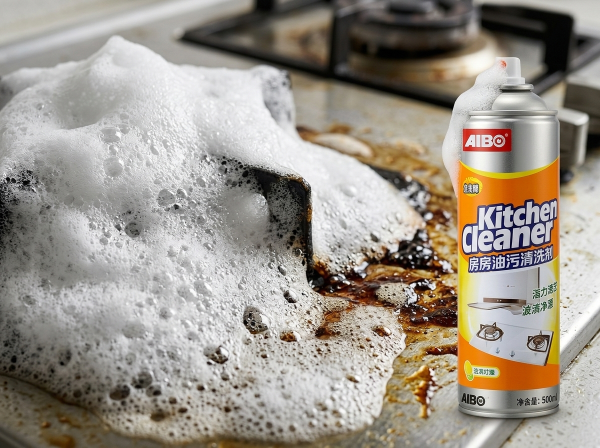 AIBO Kitchen Cleaner-এর foam kitchen surface-এ