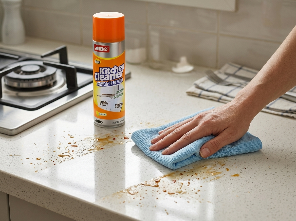 AIBO Kitchen Cleaner দিয়ে kitchen surface মুছে পরিষ্কার করা হচ্ছে